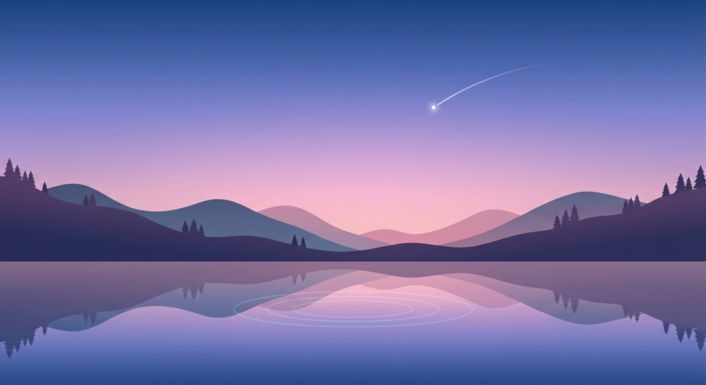 Twilight landscape with shooting star and gentle lake ripples (sleep and mental well-being)