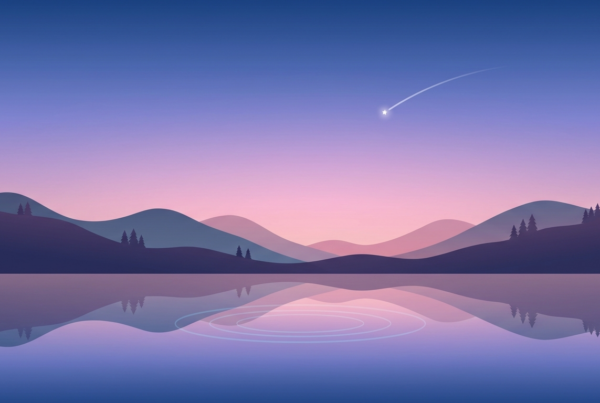 Twilight landscape with shooting star and gentle lake ripples (sleep and mental well-being)