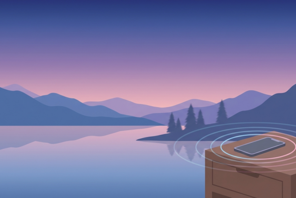 Minimalist twilight vector landscape with calm lake and subtle bedside scene