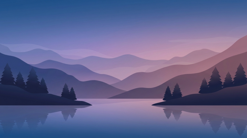 Twilight mountain lake illustration for an Epicnap sleep procrastination article