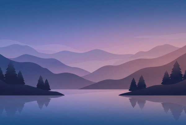 Twilight mountain lake illustration for an Epicnap sleep procrastination article