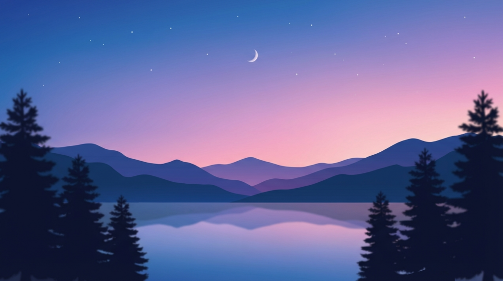Minimalist twilight mountains and calm lake illustration for an article about second wind at night and bedtime.