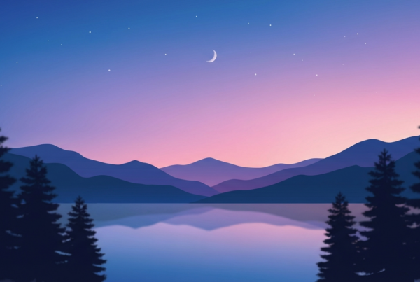 Minimalist twilight mountains and calm lake illustration for an article about second wind at night and bedtime.