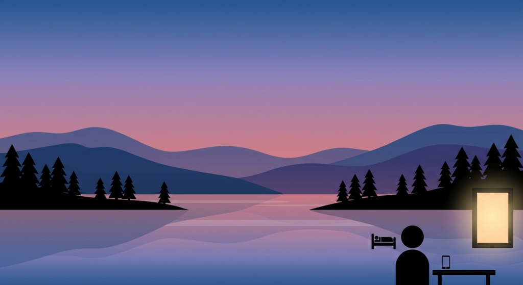 Minimalist twilight landscape with person placing phone on nightstand before sleep