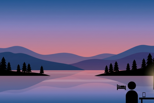 Minimalist twilight landscape with person placing phone on nightstand before sleep