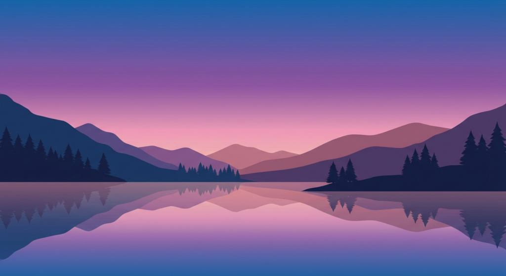 Minimalist twilight lake and mountains illustration