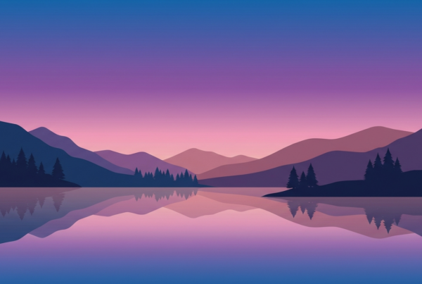 Minimalist twilight lake and mountains illustration