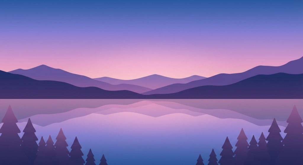 Minimalist twilight lake and mountains illustration
