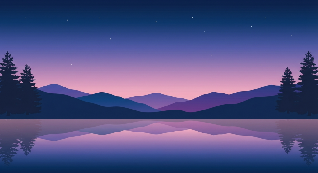 Minimalist twilight mountain lake illustration for an article about bedtime plans and reducing sleep procrastination.