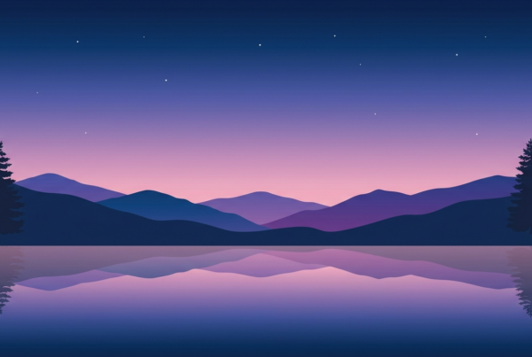 Minimalist twilight mountain lake illustration for an article about bedtime plans and reducing sleep procrastination.