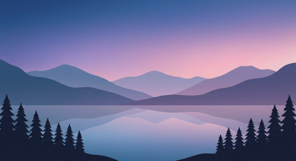 Minimalist twilight landscape with mountains, lake, and pine silhouettes.