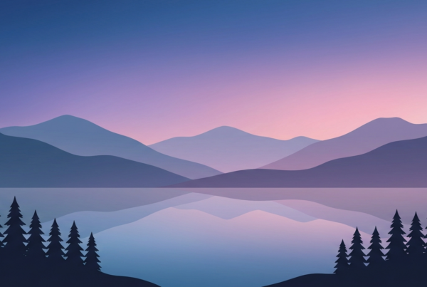 Minimalist twilight landscape with mountains, lake, and pine silhouettes.