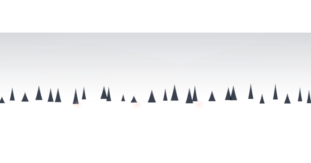 Twilight gradient mountains and lake with a subtle dotted shoreline path and three soft checkpoint lights.