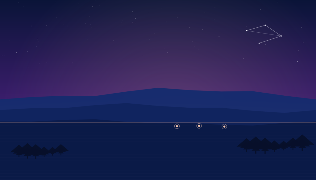 Calm twilight landscape illustration (Epicnap style), abstract constellation and soft checkpoint lights.