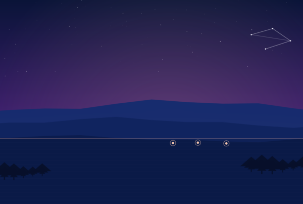 Calm twilight landscape illustration (Epicnap style), abstract constellation and soft checkpoint lights.