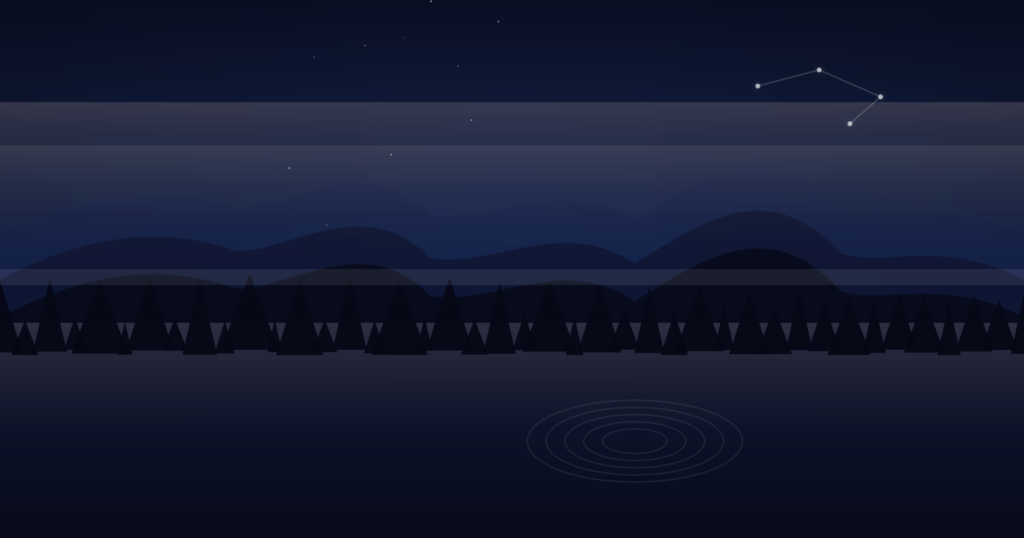 Twilight gradient mountains and lake with gentle ripples and a small constellation.