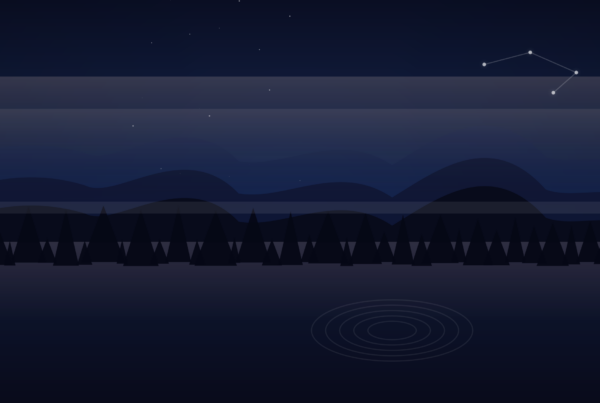 Twilight gradient mountains and lake with gentle ripples and a small constellation.