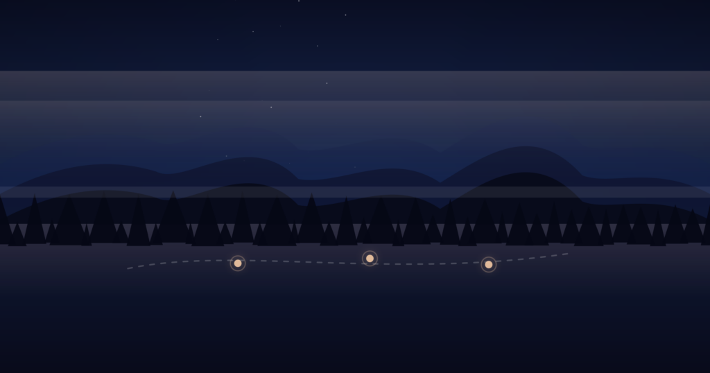 Twilight gradient mountains and lake with subtle checkpoint lights along shoreline.
