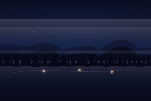 Twilight gradient mountains and lake with subtle checkpoint lights along shoreline.