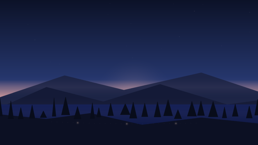 Twilight mountains and lake with shoreline dotted path and three soft checkpoint lights.