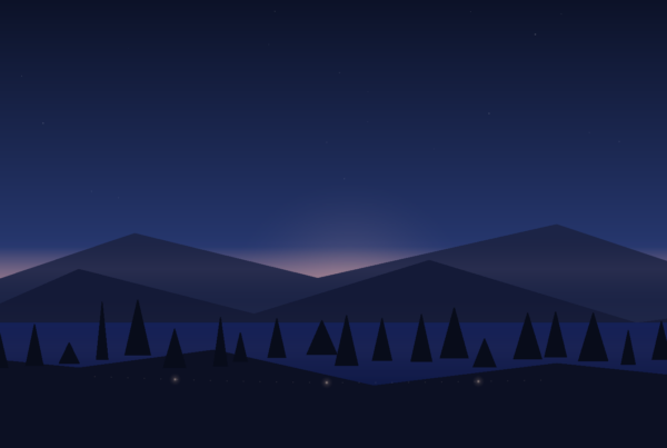 Twilight mountains and lake with shoreline dotted path and three soft checkpoint lights.