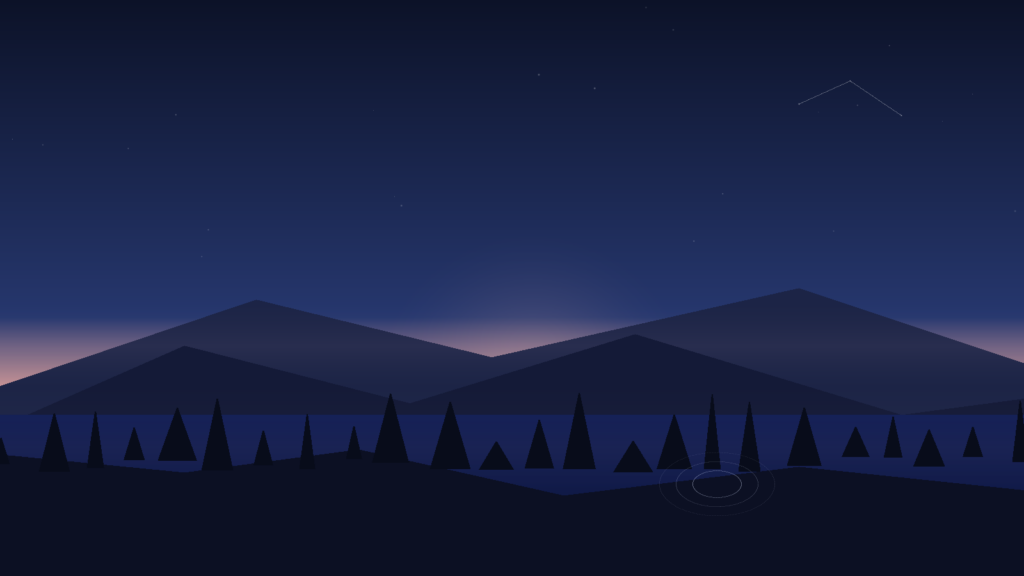 Twilight mountains and lake with gentle ripples and a small constellation in the sky.