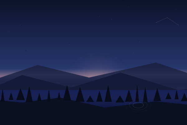 Twilight mountains and lake with gentle ripples and a small constellation in the sky.