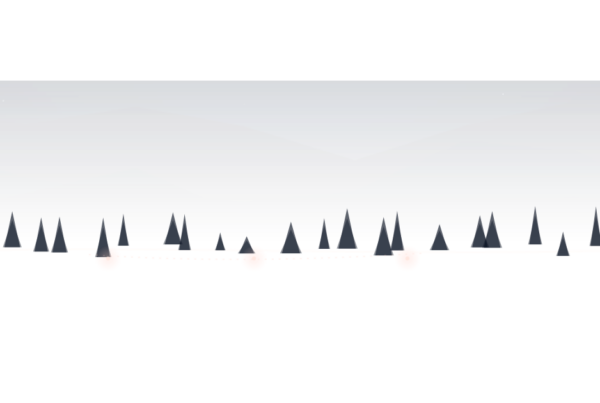 Twilight gradient mountains and lake with a subtle dotted shoreline path and three soft checkpoint lights.